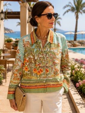 Coldwater Creek LINEN BLEND Sz Small Italy France Scene Blouse Shirt Top Jacket